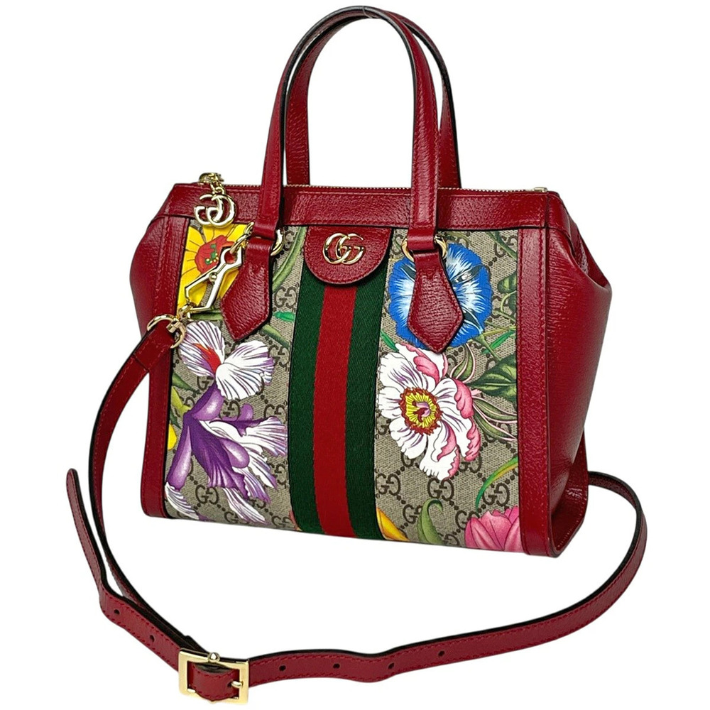 Gucci Ophidia GG Flora Flower Tote Bag Supreme Canvas Beige Cream Red